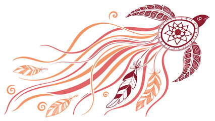 Stylized native american inspired turtle with flowing lines feathers and dreamcatcher pattern in warm colors