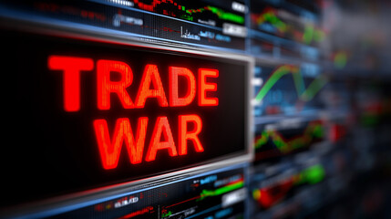 Glowing red text 'TRADE WAR' with stock market graphs in the background.