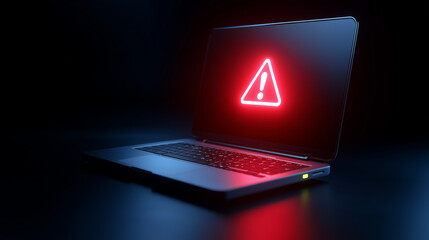 Laptop displaying a red warning symbol on screen in dark cyber environment.