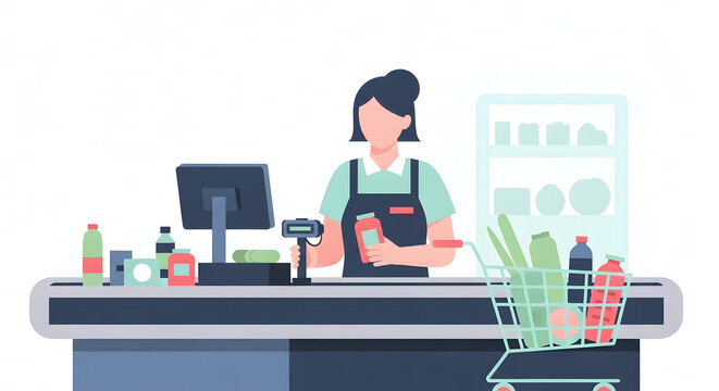 Female cashier scanning grocery items at a supermarket checkout counter. A woman working in a retail store with a shopping cart full of products - Powered by Adobe