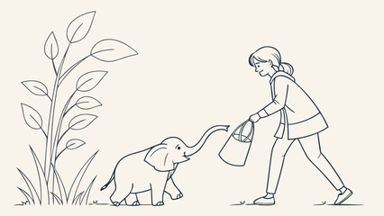 Young girl feeding a baby elephant with a bucket of food in a grassy field with plants
