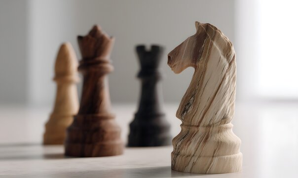 four chess pieces, carved from ebony sapwood and heartwood, with a slightly angled, extreme perspective