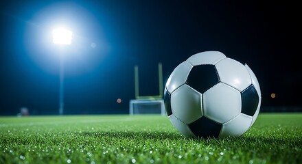 Obraz premium Soccer ball on a wet grassy field at night football