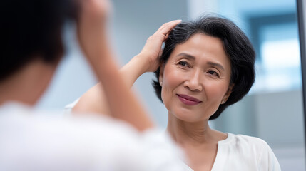 Confident middle-aged woman examining her face in the mirror with a gentle smile.
