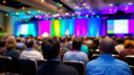 Audience attending a business conference with colorful stage lighting and large screens.