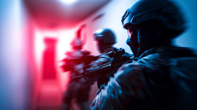 Armed tactical team moving through a corridor in low light during a mission.