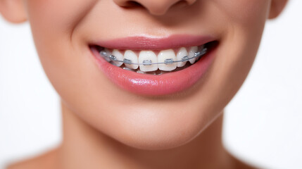 Obraz premium Close-up of a smiling mouth with braces on white teeth during orthodontic treatment.