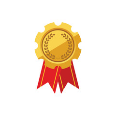 Golden award medal with laurel wreath and red ribbons for champion achievement