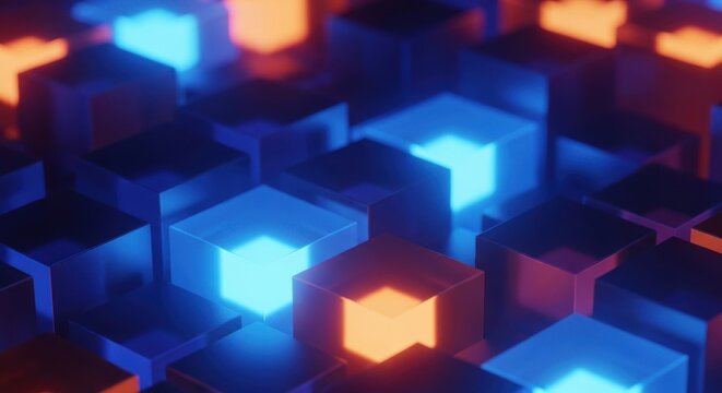 Abstract glowing cube shapes with blue and orange neon lights creating a futuristic digital network concept