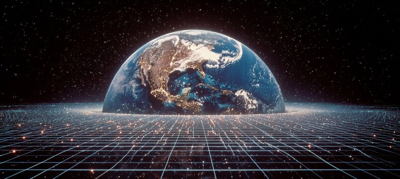 Planet earth and wireframe grid. Generative AI technology.	
