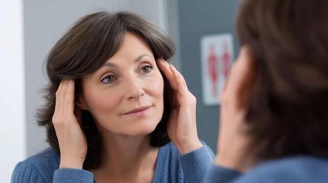 Middle-aged woman gently touching her face while looking at herself in the mirror with a calm smile.