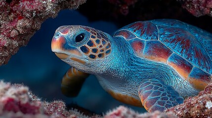 Fototapeta premium Stunning neon turtle glowing in coral high resolution picture
