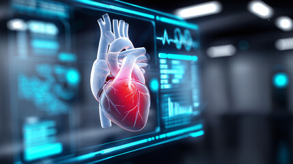 High-tech 3D rendering of a human heart displayed on a futuristic medical interface.