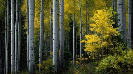 Obraz premium Autumn forest with white bark trees and vibrant yellow bushes,