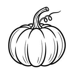 A simple black and white line drawing of a pumpkin with a stem and a curly vine.