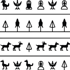 Fototapeta premium A collection of black silhouette pictograms showing ancient mythological figures, animals, and trees arranged in horizontal decorative friezes.