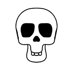 Simple line drawing of a skull with black eye sockets and nose cavity, set against a white background.