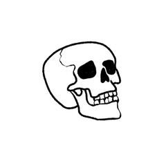 A simple, black and white line drawing of a human skull, depicted in a side profile view.