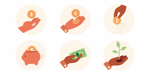 Collection of icons illustrating financial concepts including saving investing and currency exchange