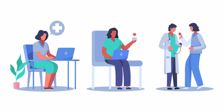 Diverse medical professionals and patients interacting in a modern healthcare setting with technology