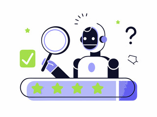 Robot with magnifying glass and checklist evaluates stars on a conveyor belt with question mark