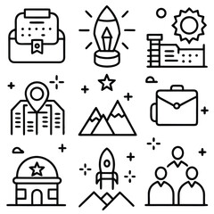 A collection of nine business and startup-themed icons, featuring elements like briefcases, rockets, mountains, and buildings.