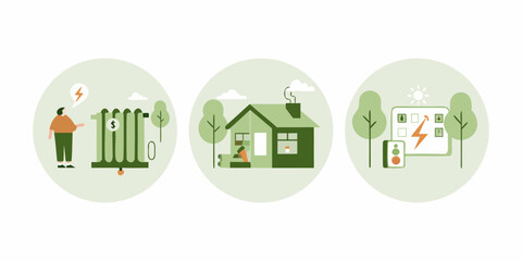 Modern illustration of home energy efficiency and management with three circular panels depicting concepts © John Lee