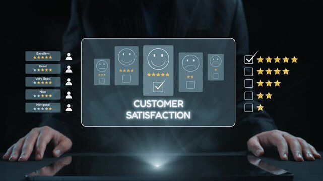 Digital concept showcasing customer satisfaction analysis with rating stars and smiley faces in a professional business environment, emphasizing user feedback and evaluation. Qubit