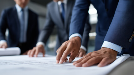 Group of businessmen in suits reviewing architectural blueprints or technical documents at a table.