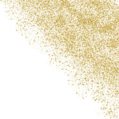 Abstract golden glitter dust particles are scattered across a white background, concentrated in the upper right corner.
