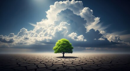 Lone vibrant green tree stands strong under dramatic sunlit clouds a symbol of hope and resilience