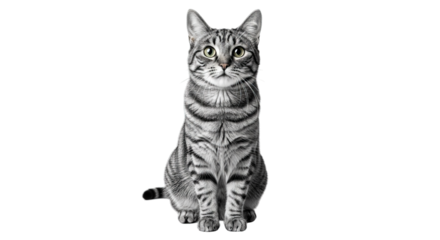 Front view portrait of an elegant silver tabby cat sitting calmly and looking at the camera. Domestic feline pet isolated on a clean white background