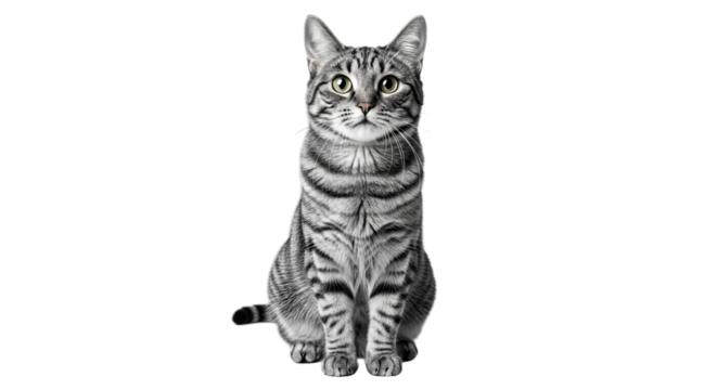 Front view portrait of an elegant silver tabby cat sitting calmly and looking at the camera. Domestic feline pet isolated on a clean white background