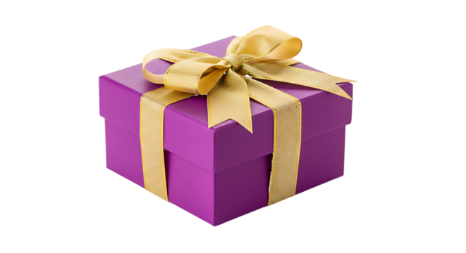Purple Gift Box with Gold Ribbon Bow present isolated on a transparent background