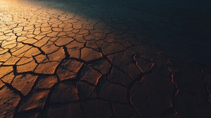A dry cracked earth surface with irregular geometric patterns, highlighted by dramatic sunlight on the left,