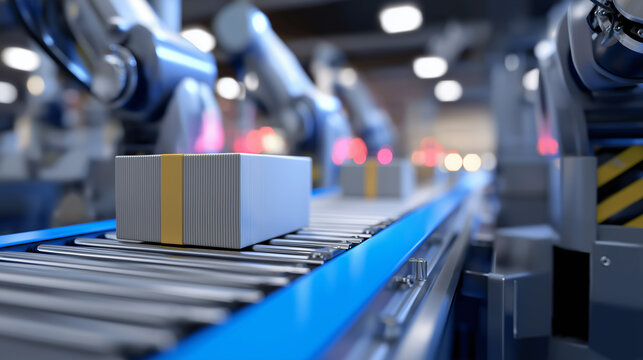 Cardboard package moving on a fast conveyor belt inside an automated logistics center.