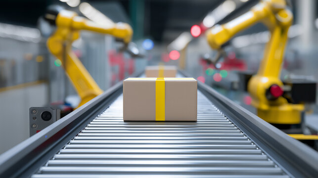 Automated robotic arms handling parcels on a conveyor belt in a smart logistics facility.