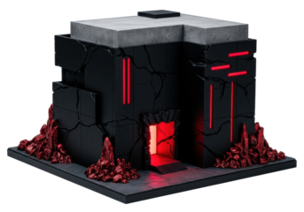 Brutalist miniature, obsidian black, concrete roof, crimson light, metallic red formations, isolated on transparent, dramatic studio lighting, dystopian urban decay atmosphere