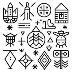 Collection of abstract ethnic symbols and geometric shapes.