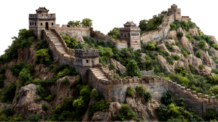 Great wall of china section on a mountain isolated on transparent background