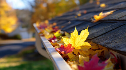 Colorful autumn leaves accumulated in a house rain gutter with a shallow depth of field.