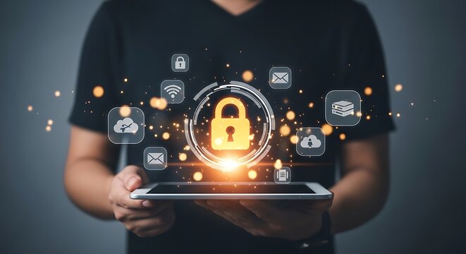 Person holding tablet with digital security icons and glowing padlock
