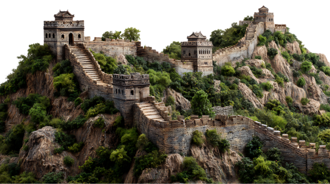 Great wall of china section on a mountain isolated on transparent background