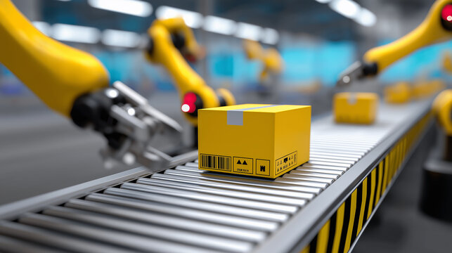 Automated robotic arms handling parcels on a conveyor belt in a smart logistics facility.