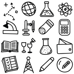 Obraz premium A collection of hand-drawn icons representing various scientific and educational concepts, including a globe, flasks, a microscope, and a calculator.
