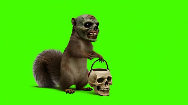 Zombie Squirrel with Skull Candy Bucket on Green Screen