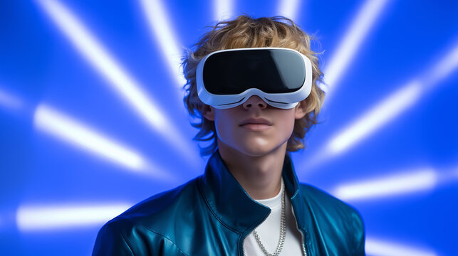 Stylish young man wearing a VR headset in front of a futuristic neon blue light backdrop.