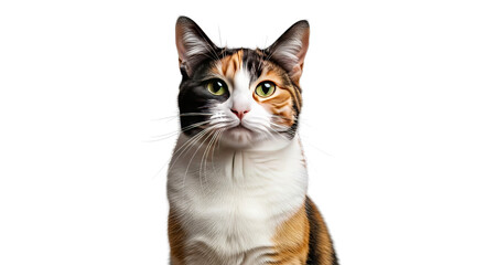 Close-up portrait of an adorable tricolor calico cat with black and orange patches sitting attentively while looking at the camera isolated