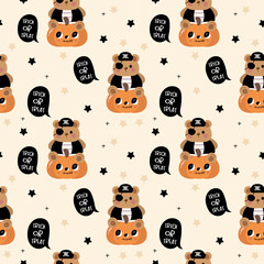 seamless pattern pirate teddy bear on pumpkin jack o lantern trick or treat