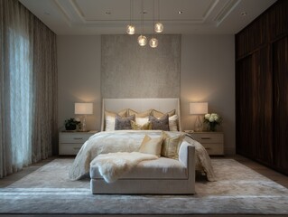 A sophisticated bedroom, showcasing a neutral color palette and luxurious textures, features a plush bed, a chaise lounge, and elegant lighting fixtures.